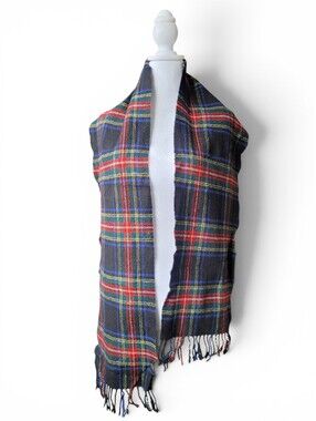 Vintage Glen Prince Lambswool Scarf Black Stewart Tartan Plaid